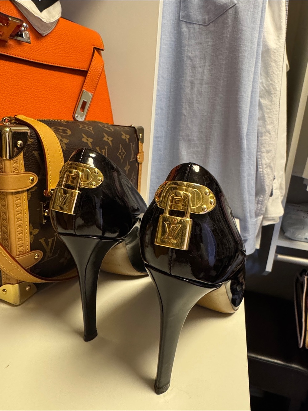 Louis Vuitton Black Patent Leather Stiletto Pumps with Gold Padlock Detail - Picture 1 of 4